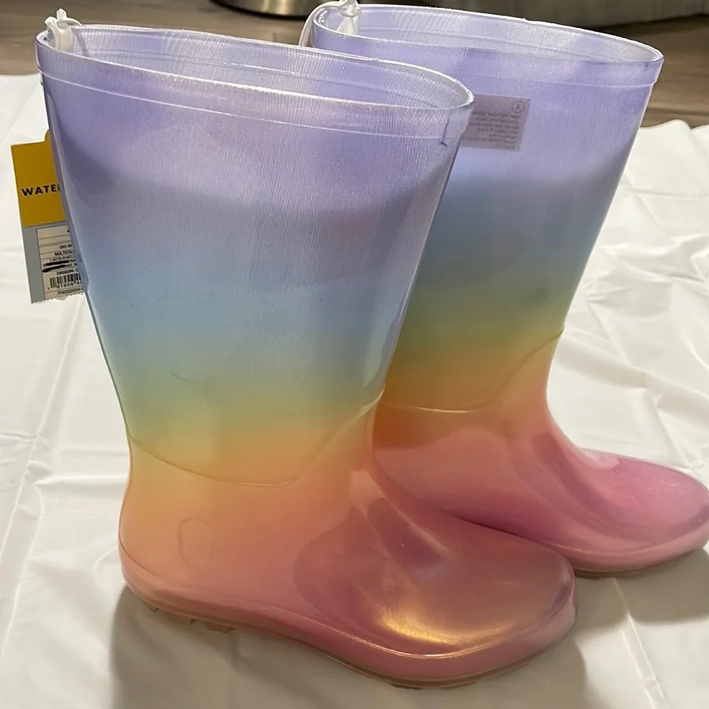 Cat & Jack Big Girl’s Size 4 Rainbow Multi Color Cece Pull On Rain Boots - Picture 1 of 7